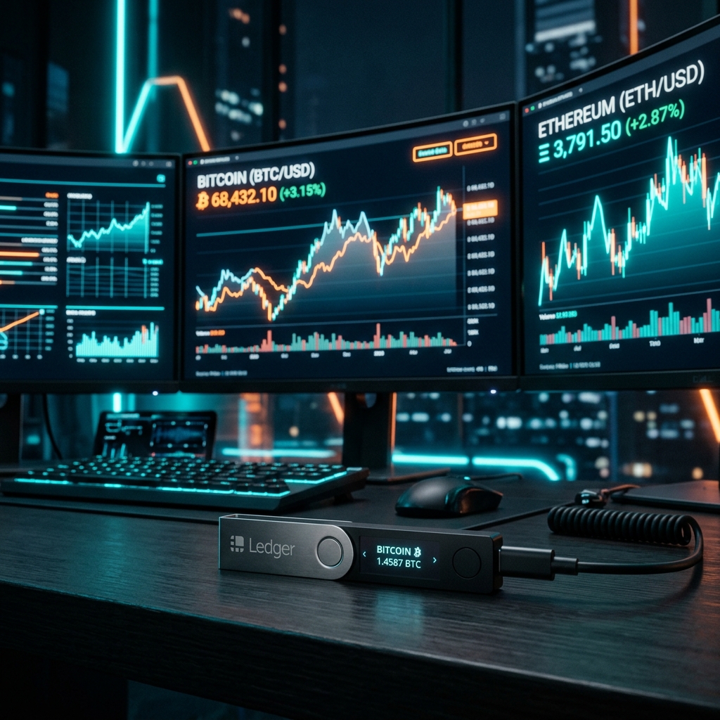Monedero frío cripto Ledger Nano X con gráficos glowing