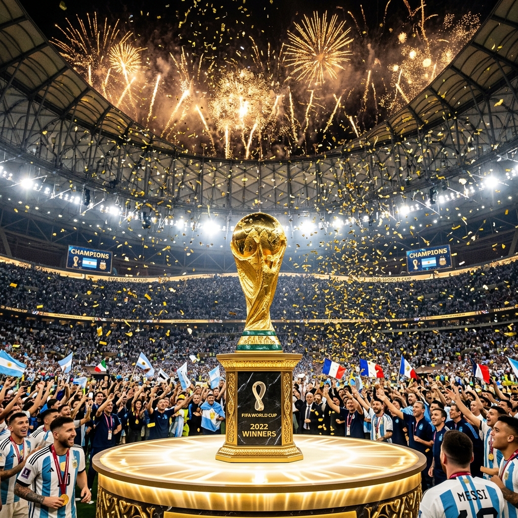 Trofeo de la Copa del Mundo de la FIFA en un estadio lleno