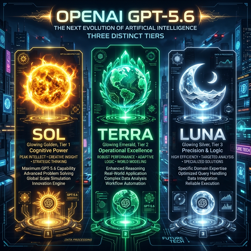 Infografía de las tres versiones de GPT-5.6: Sol, Terra y Luna