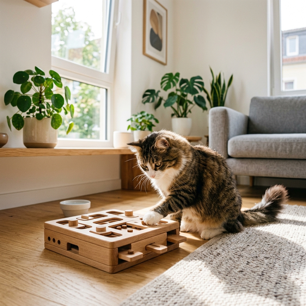 Gato Jugando con un Rompecabezas de Comida de Madera
