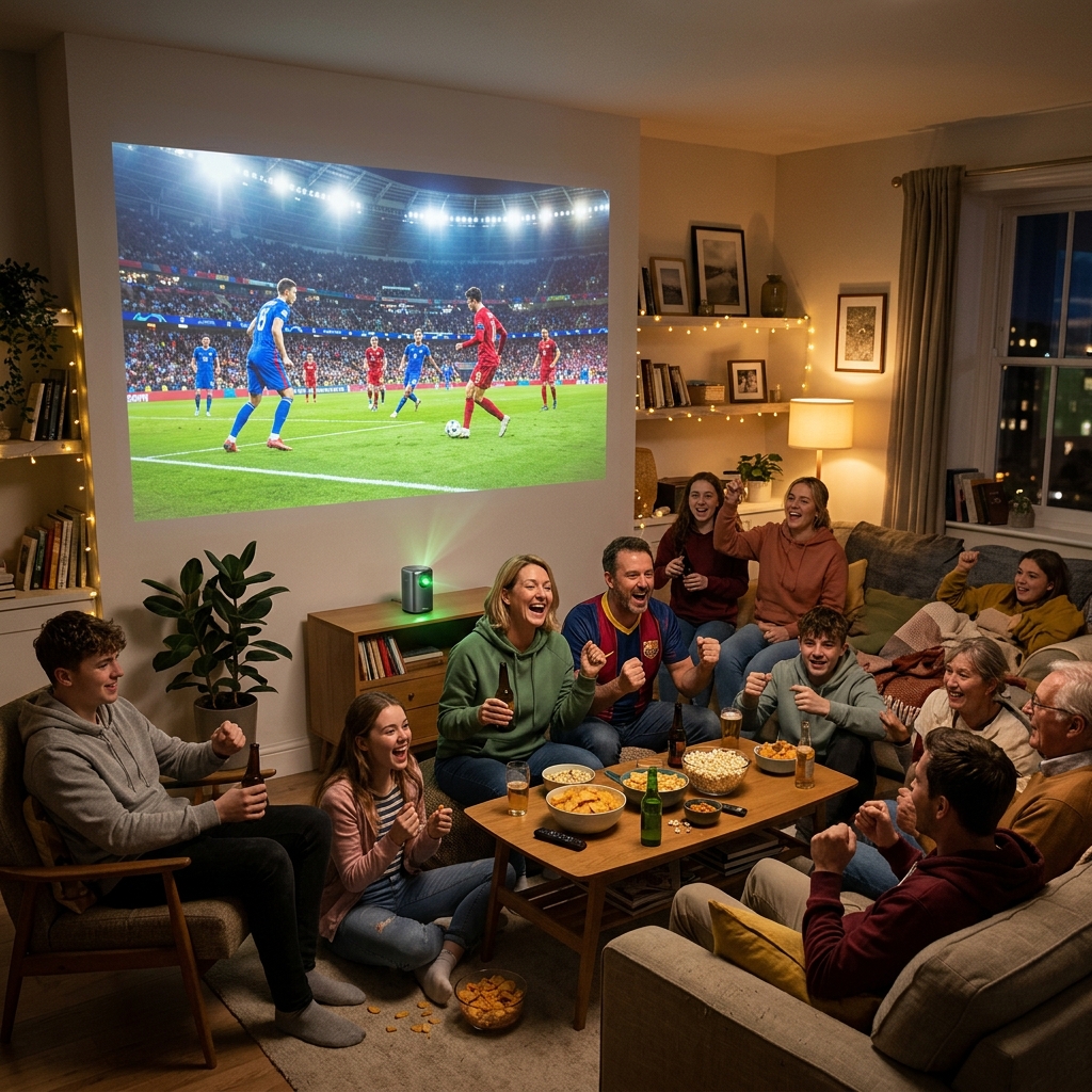 Amigos Viendo el Partido de Fútbol Proyectado en una Pared Gigante