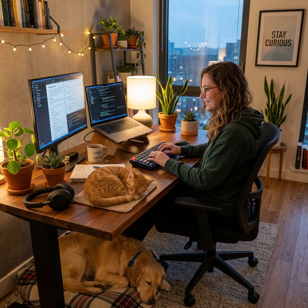Programador de TI trabajando junto a sus mascotas en casa